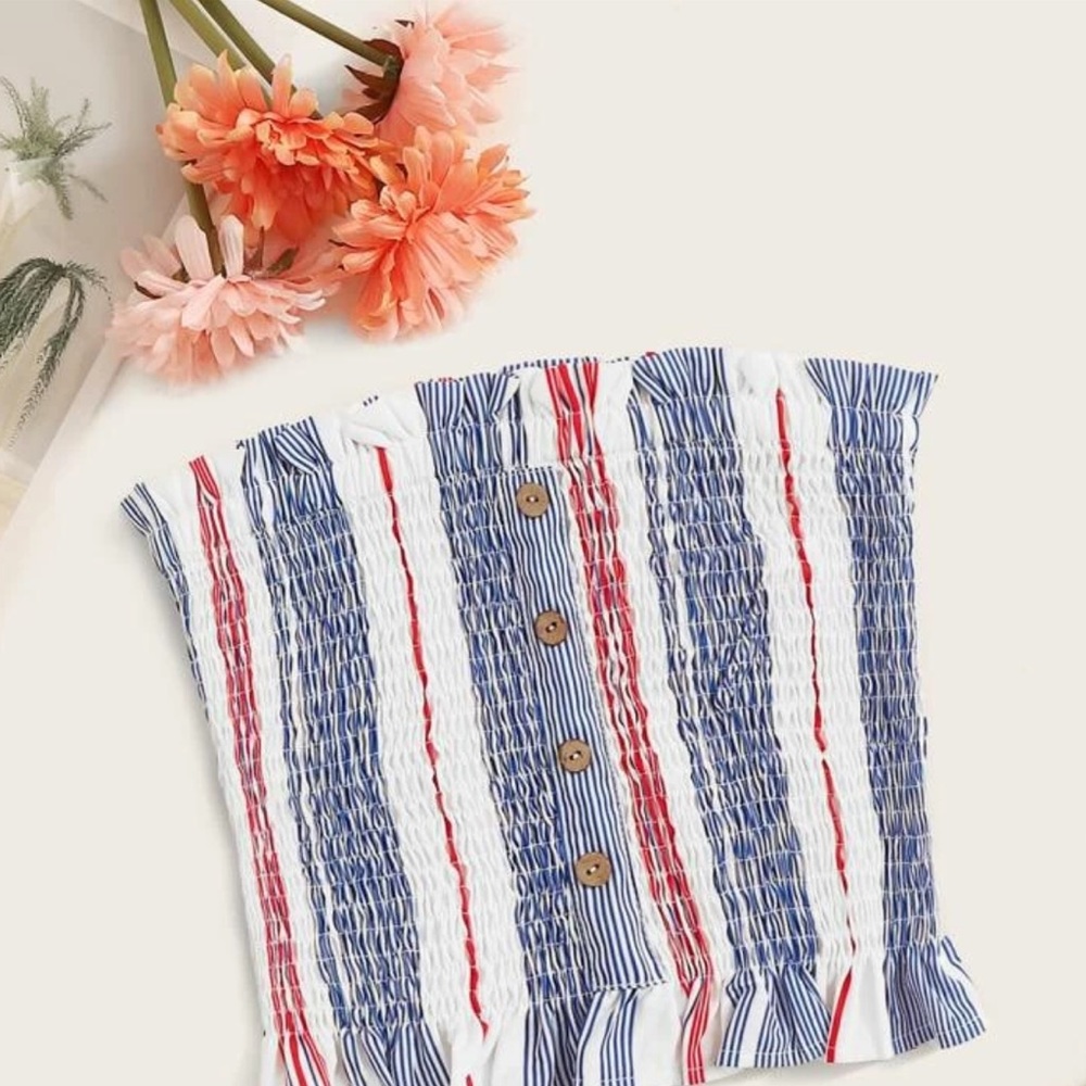 SHIEN frill shirred button front striped tube top
